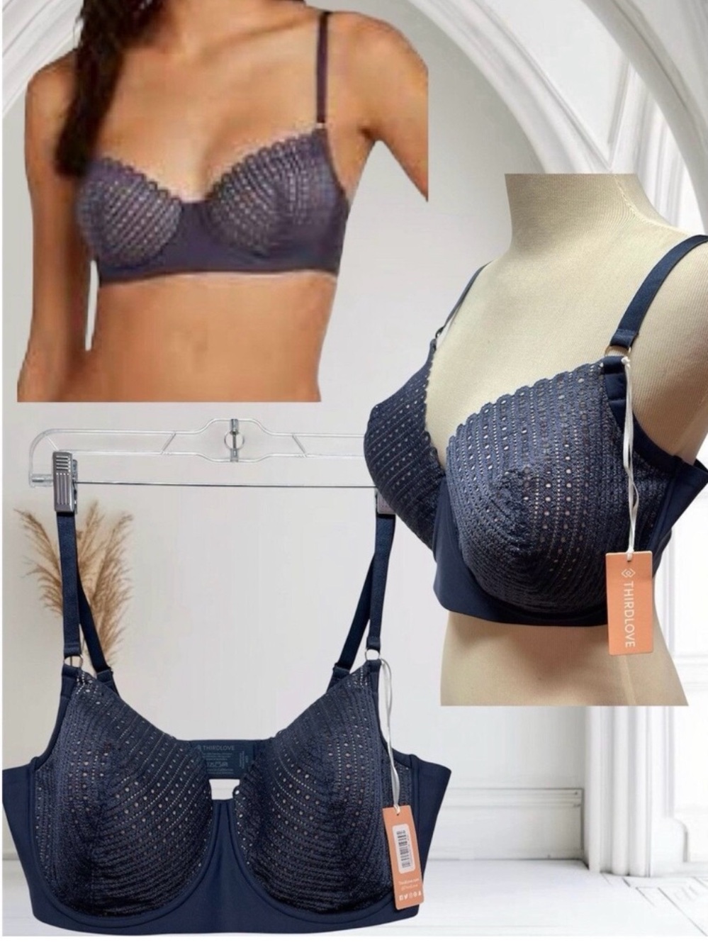 Used Thirdlove (40D) Eyelet Lace Balconette Blue Bra